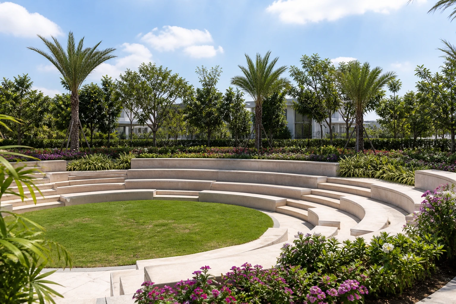 A bright daylight amphitheatre with curved seating, palms and villas behind the landscape