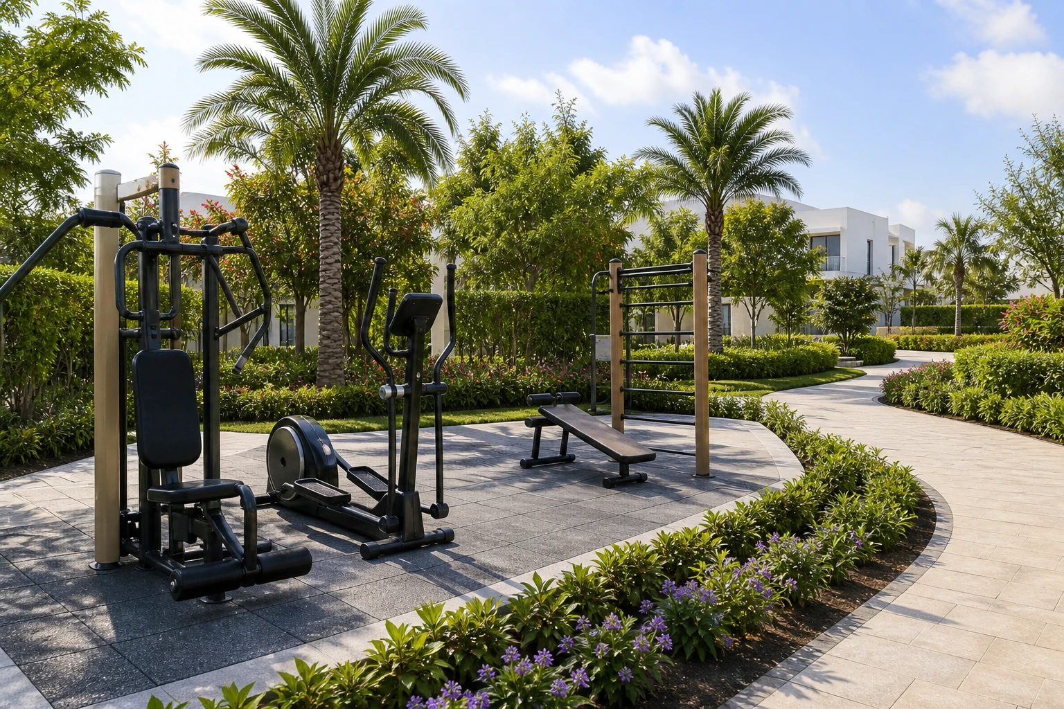A bright daylight open-air gym set beside palms, flowering beds and villa community paths