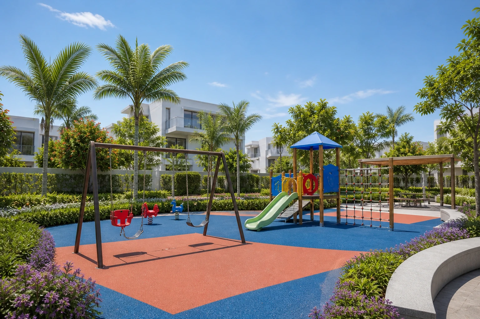 A bright daylight children's play area with swings, slide, soft paving and villas beyond