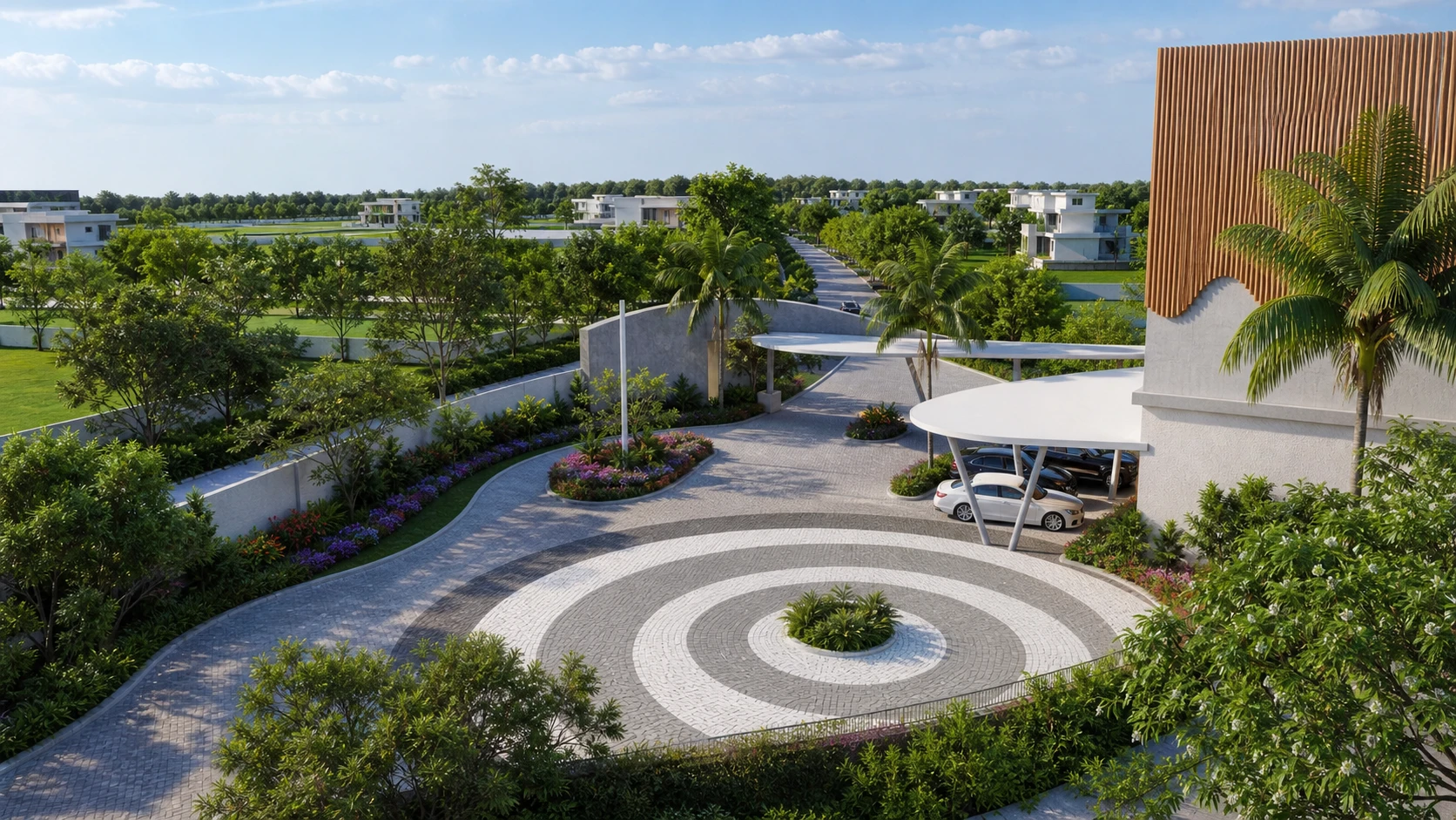 A bright daylight view of the Club V landscaped grounds, drop-off court and villa plots beyond