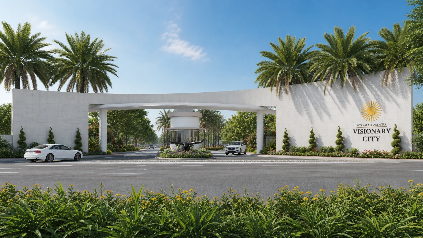 A bright daylight view of the landscaped Visionary City entrance gateway with the project name on the wall