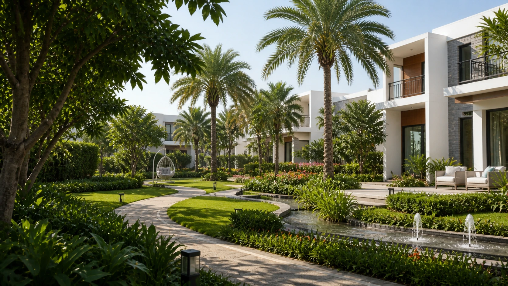A bright daylight villa garden with palms, landscaped paths, water feature and modern homes